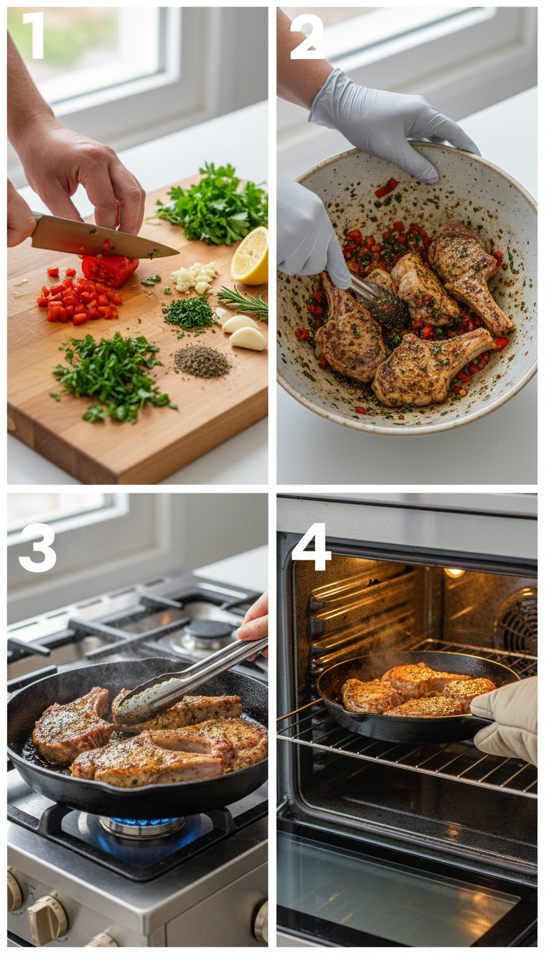 Step by step process of preparing oven baked lamb chops showing marinating and cooking stages