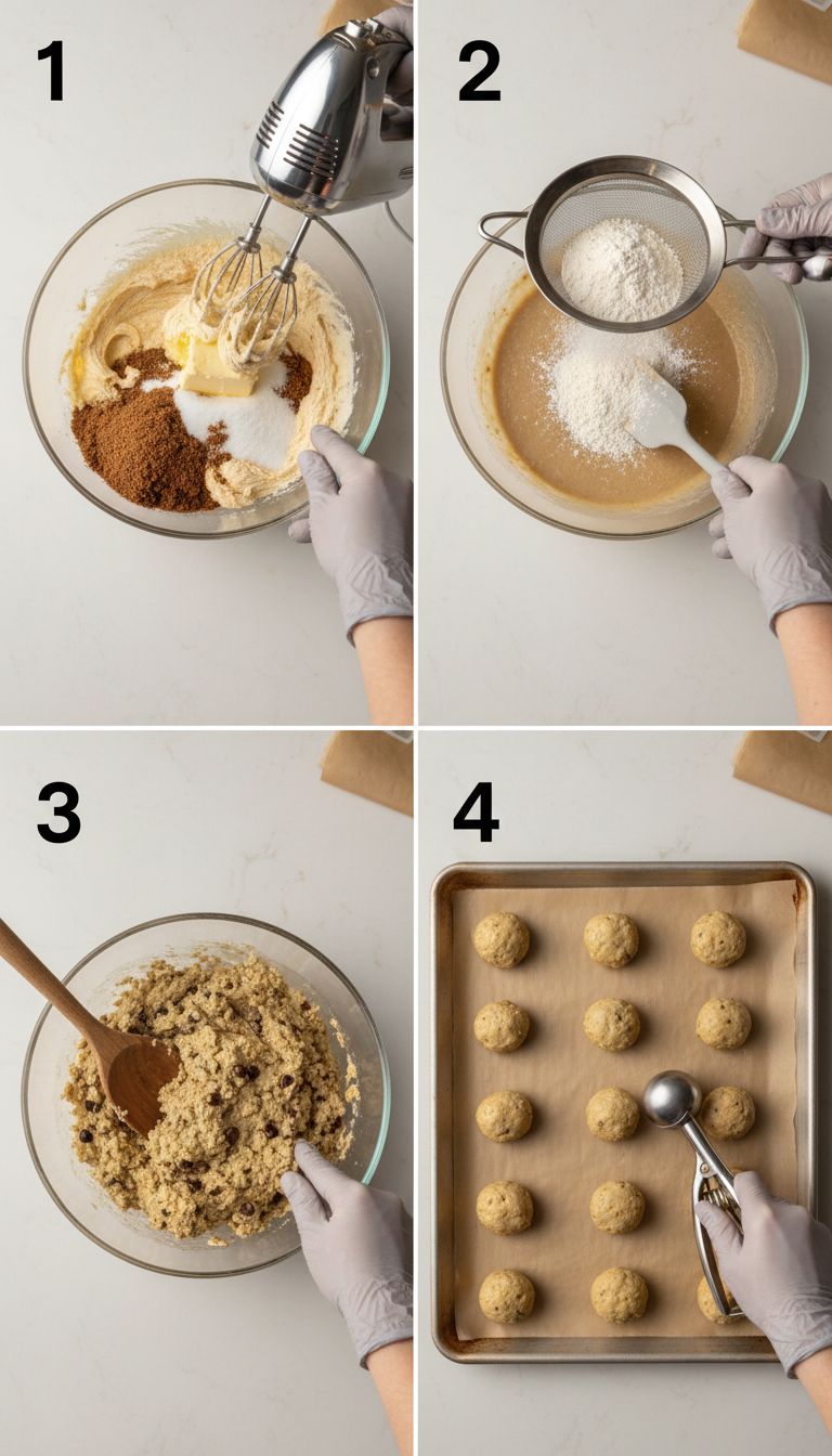 Step by step process of making Peanut Butter Oatmeal Chocolate Chip Cookies from mixing ingredients to final baked cookies