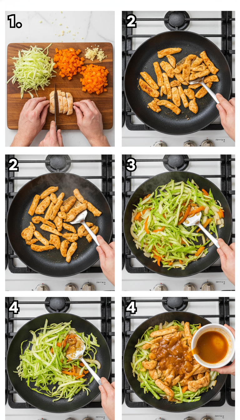 Step-by-step cooking process showing chicken being stir-fried in a large skillet with vegetables and sauce
