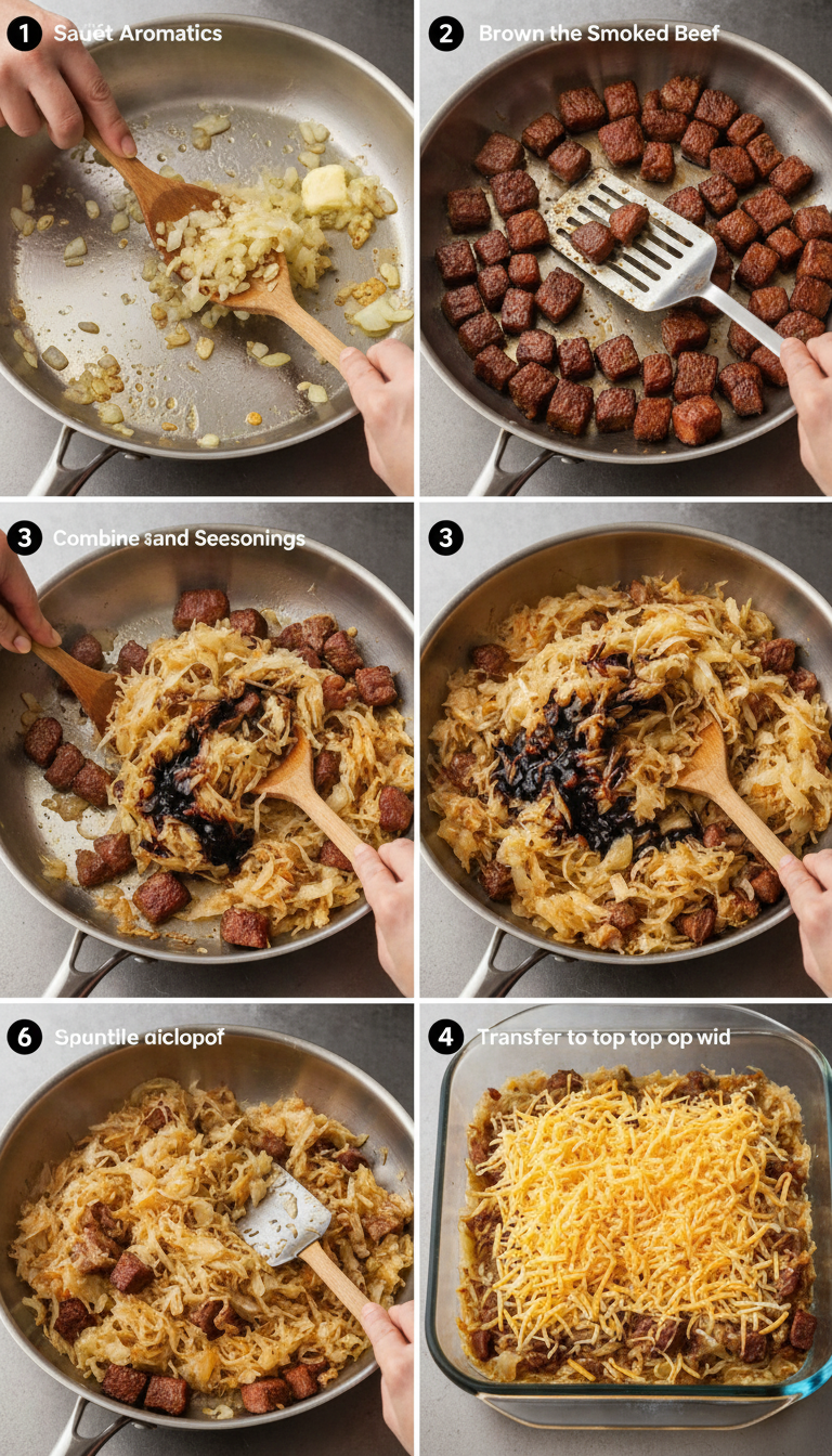 Step by step preparation of sauerkraut casserole showing layering technique and ingredient arrangement