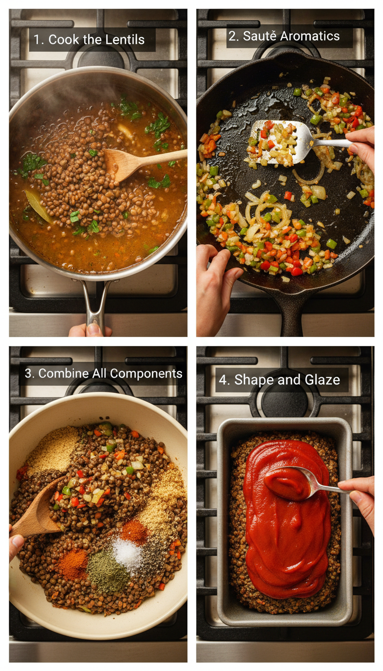 Step by step process of making savory lentil meatloaf showing mixing ingredients and shaping in loaf pan