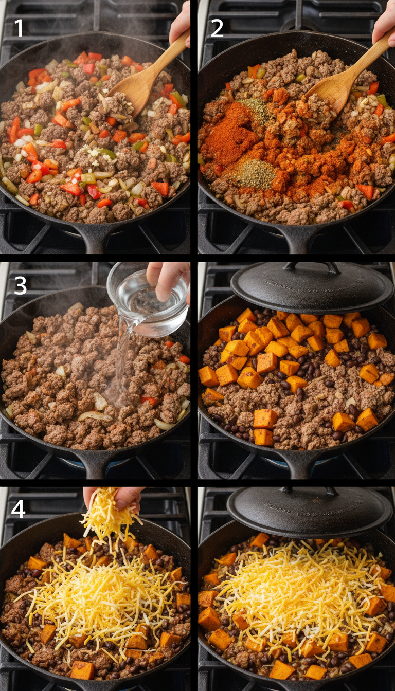 Step-by-step cooking process showing ground beef browning, sweet potatoes cooking, and final plated Southwestern skillet