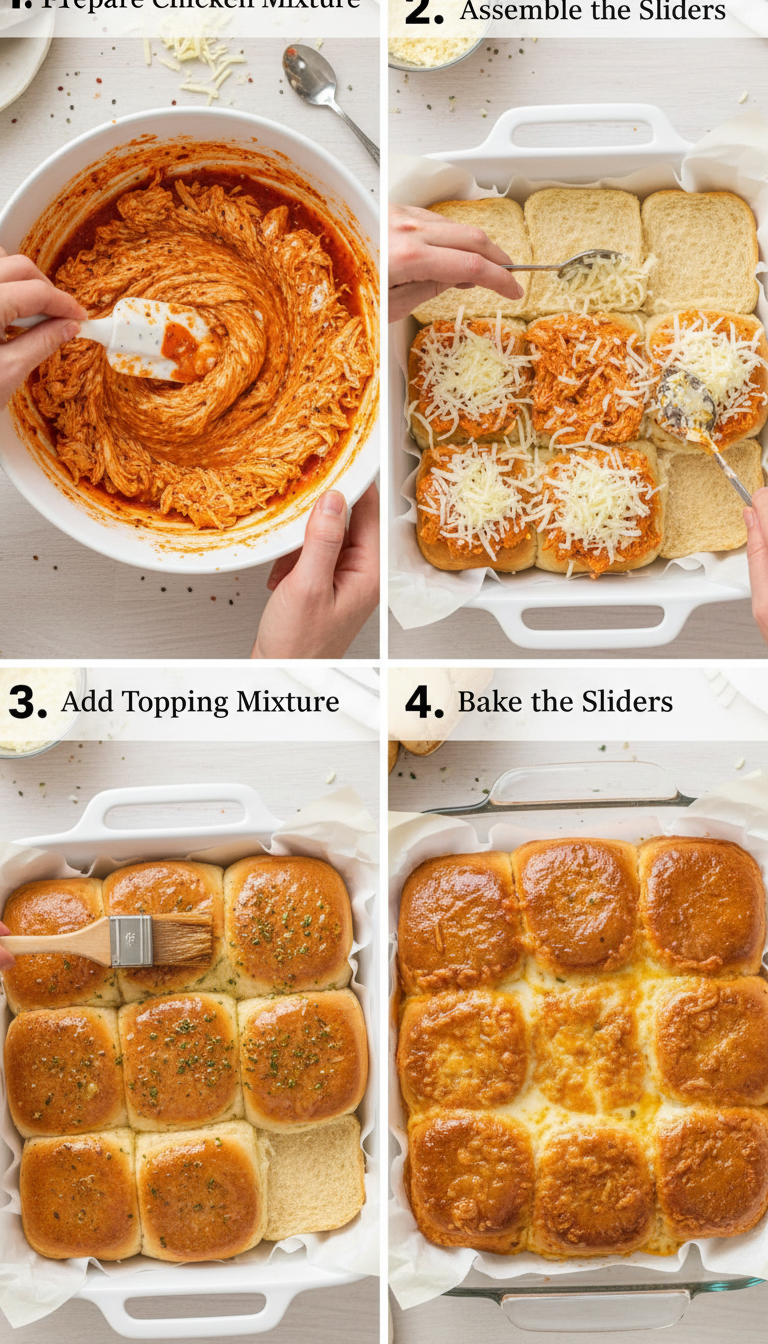 Step by step process of assembling and baking spicy buffalo chicken sliders