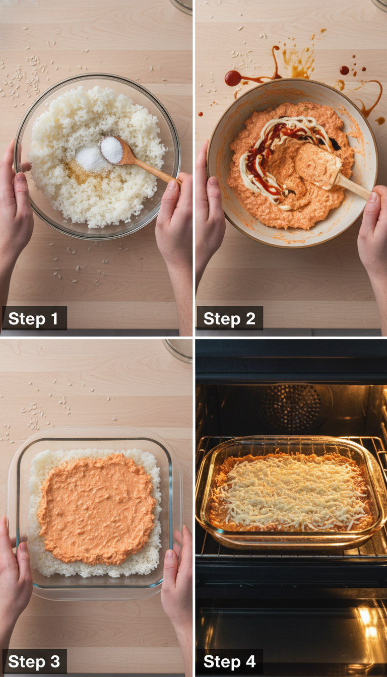 Step-by-step process showing rice layer in baking dish, spicy salmon mixture being spread on top, and final baked result