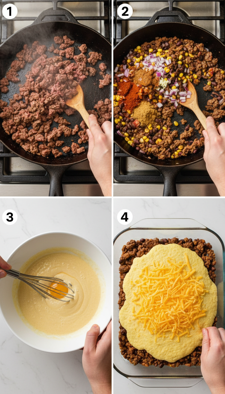 Step-by-step visual guide showing the preparation stages of Texas Tamale Pie Casserole from browning beef to the final golden baked casserole