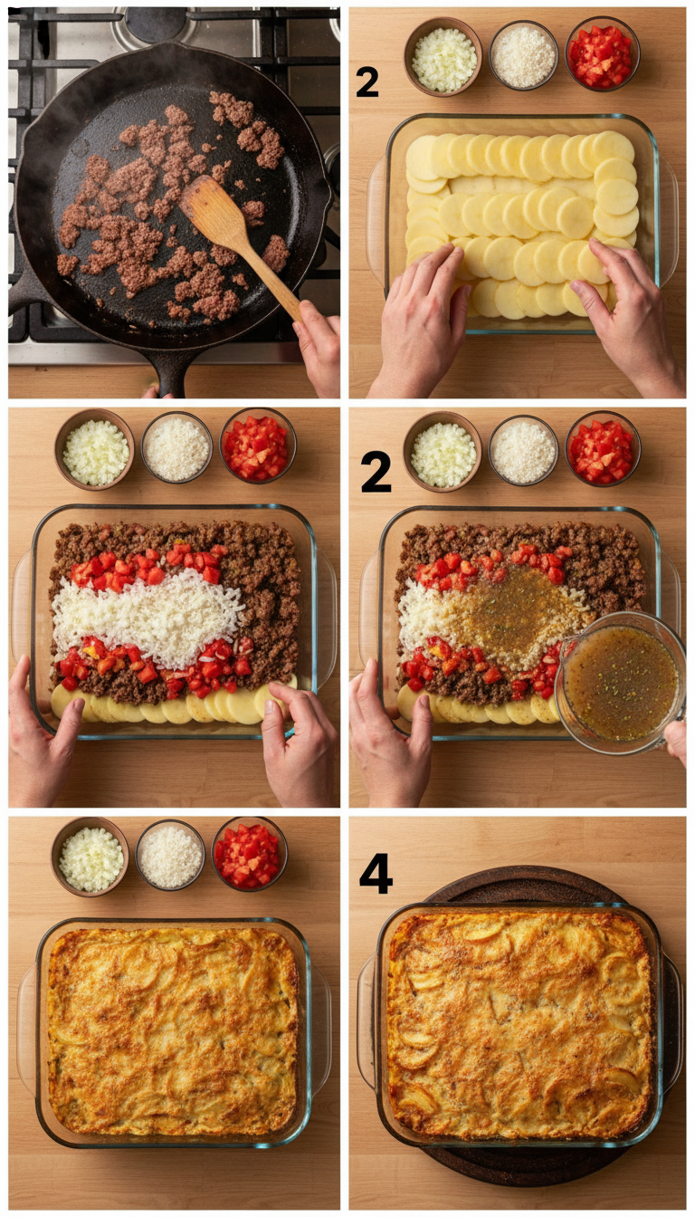 Step-by-step visual guide showing the layering process for Ultimate Shipwreck Dinner