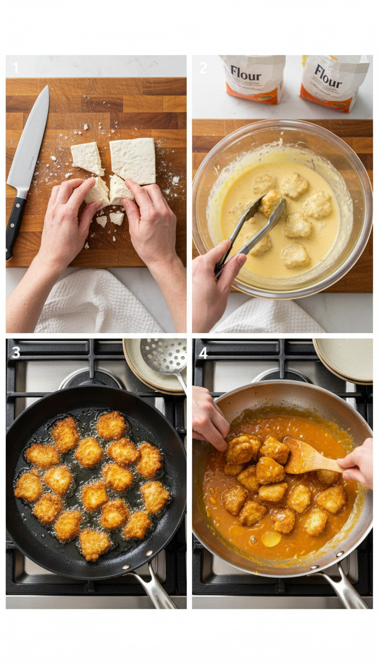 Step-by-step process showing tofu preparation, battering, frying, and sauce glazing for perfect Vegan Orange Chicken presentation