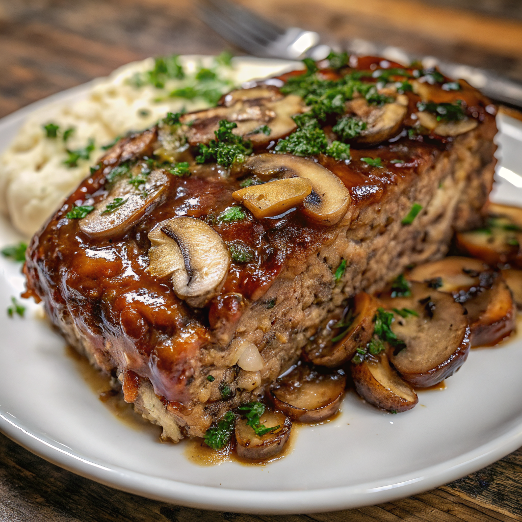 Perfectly sliced Swiss Smoked Beef Mushroom Meatloaf showing the beautiful cheese marbling and golden-brown exterior, served on a rustic wooden board