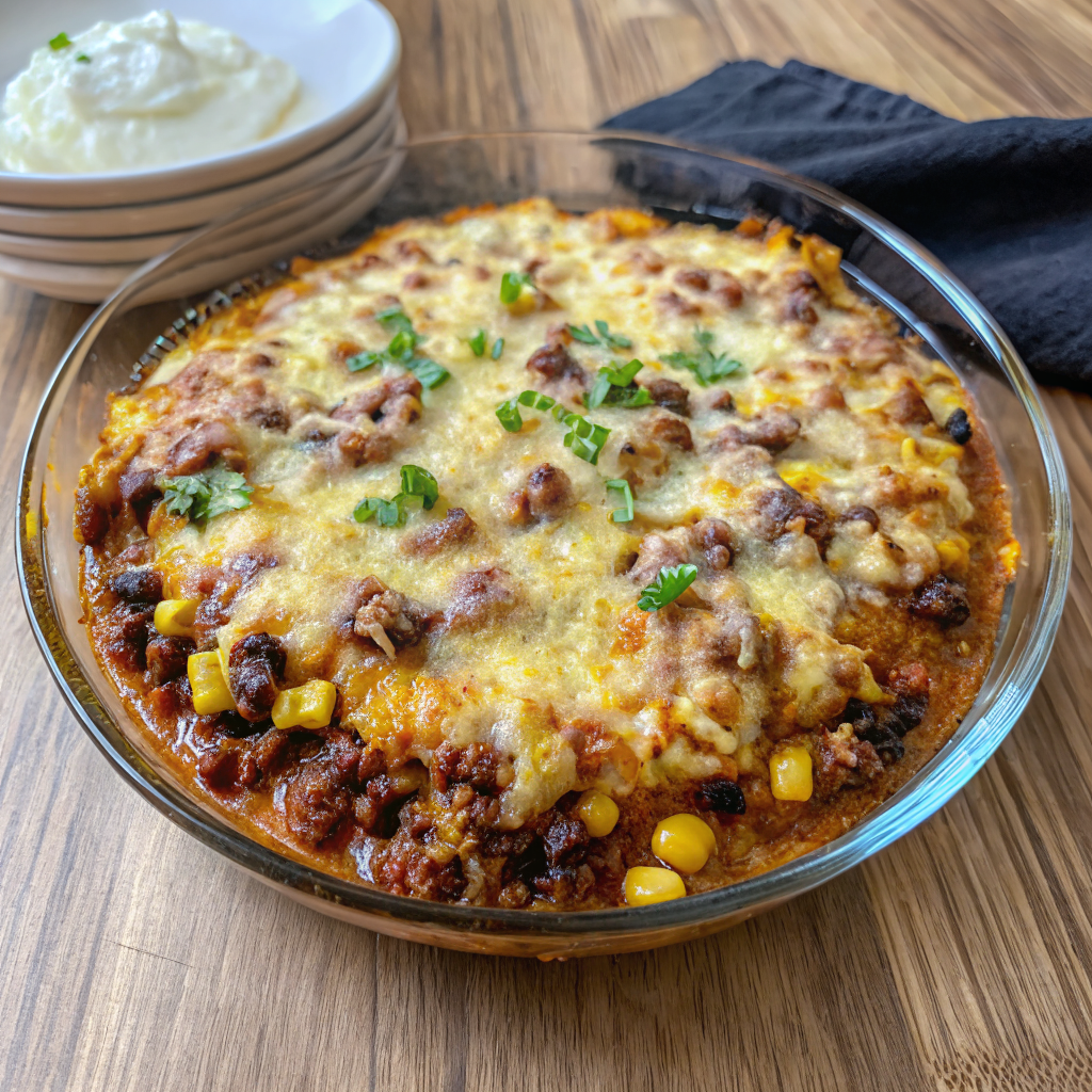 Beautifully golden Texas Tamale Pie Casserole served in a white baking dish with melted cheese bubbling on top and fresh cilantro garnish