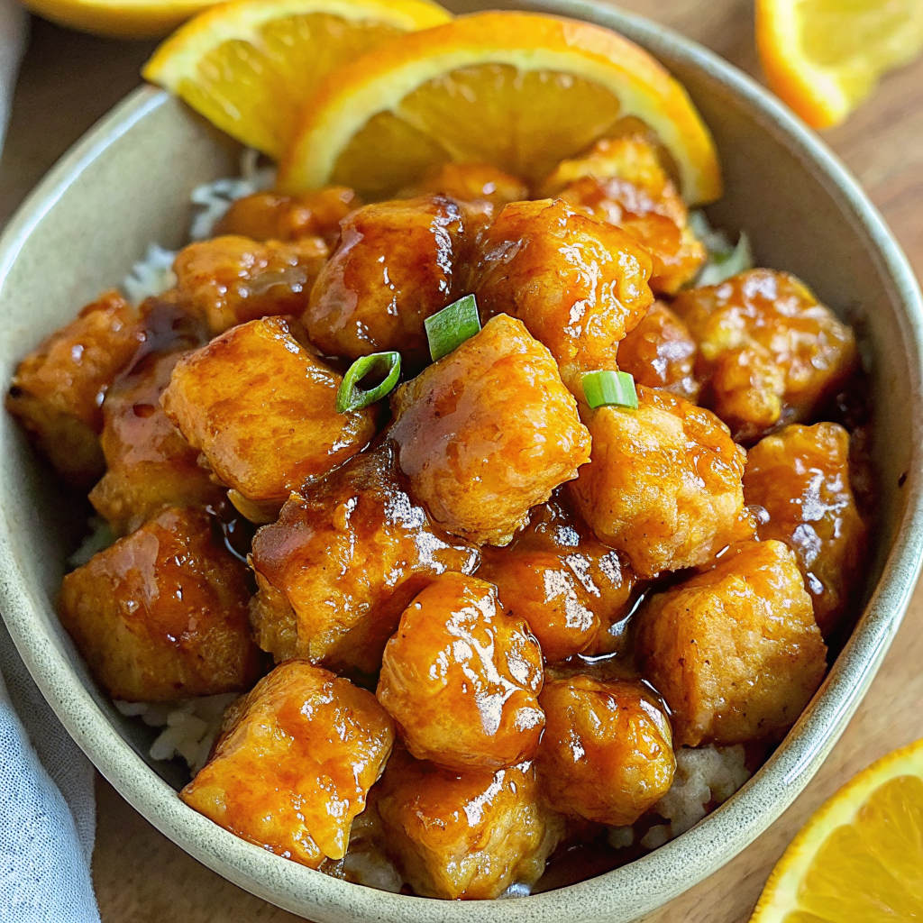 Beautifully plated Vegan Orange Chicken Tofu with glossy amber sauce over white rice, garnished with fresh orange zest and green onions on elegant white dinnerware