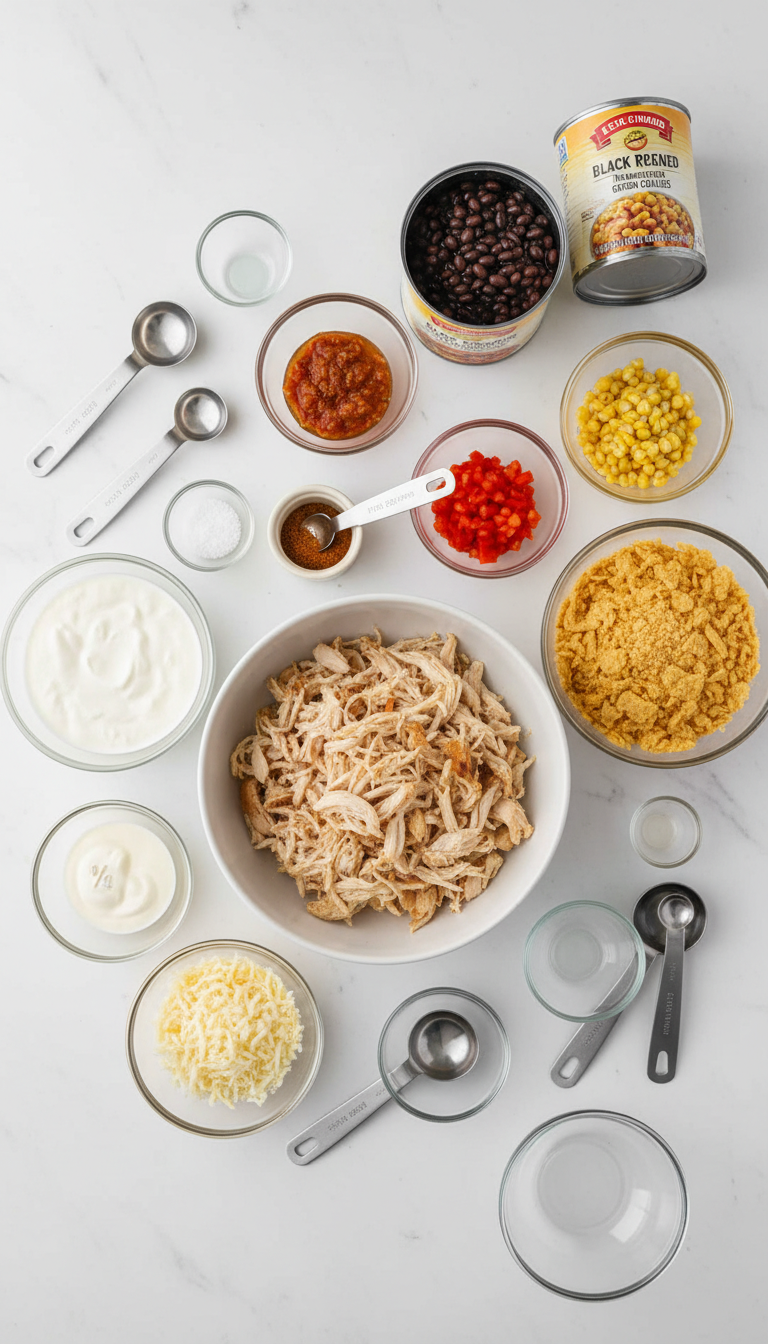 Colorful array of ingredients for Easy Chicken Taco Casserole including black beans, corn, tomatoes, bell peppers, cheese, and corn chips arranged artistically on a rustic wooden surface