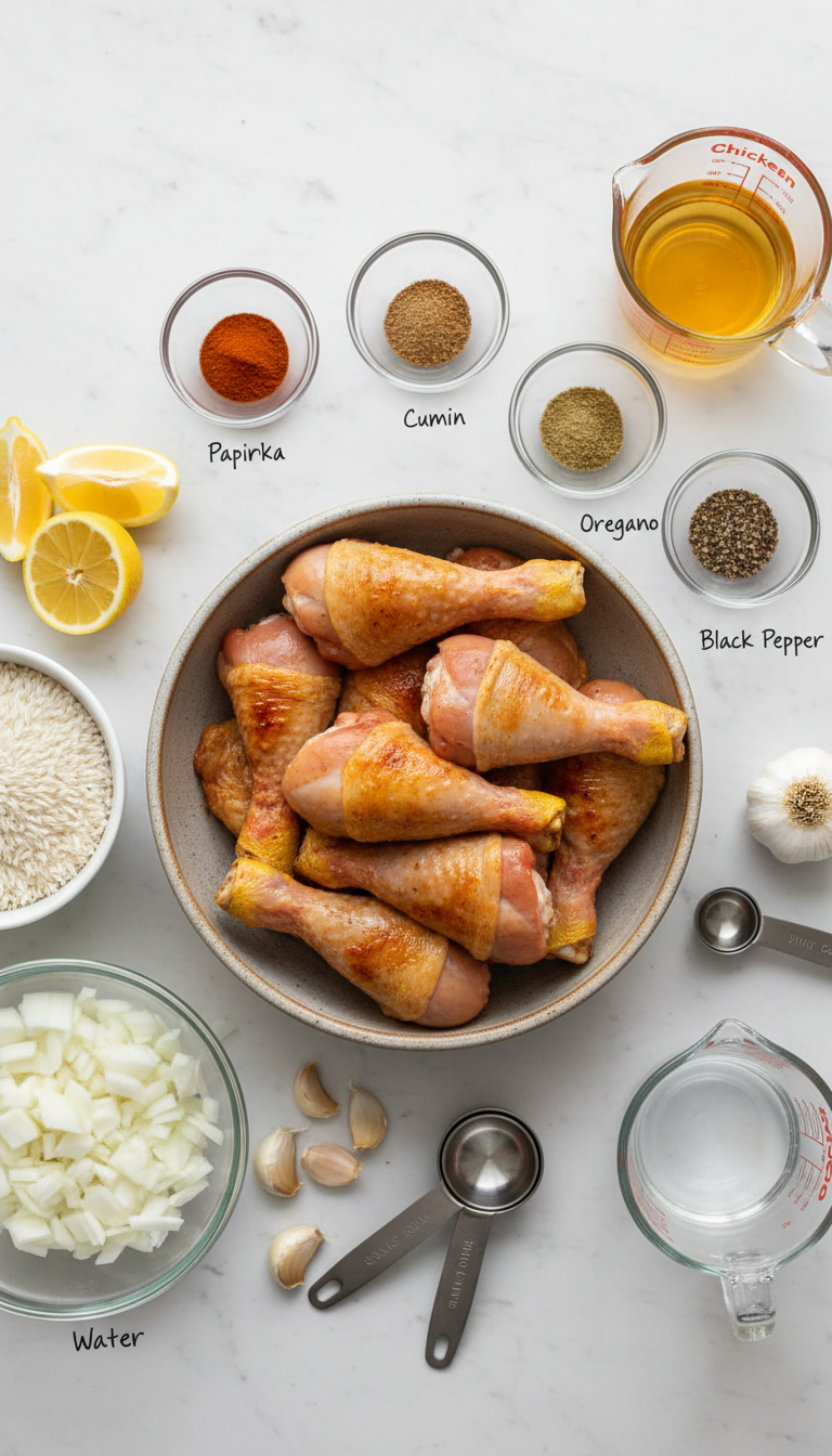Fresh ingredients for baked chicken legs and rice including chicken drumsticks, rice, spices, and aromatics arranged on a clean kitchen counter