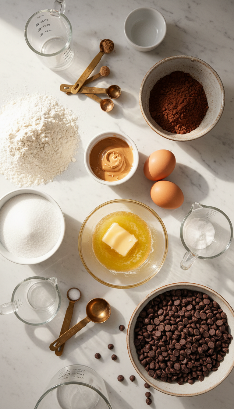 All ingredients for Chocolate Peanut Butter Filled Cookies laid out on kitchen counter including flour, cocoa powder, peanut butter, sugars, and eggs
