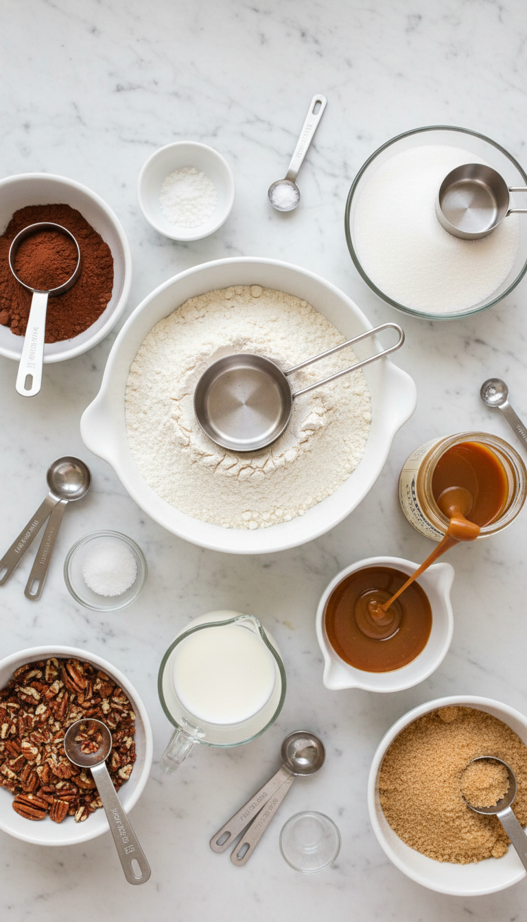 Fresh ingredients for Chocolate Turtle Cobbler including flour, cocoa powder, pecans, and caramel sauce arranged on a marble countertop