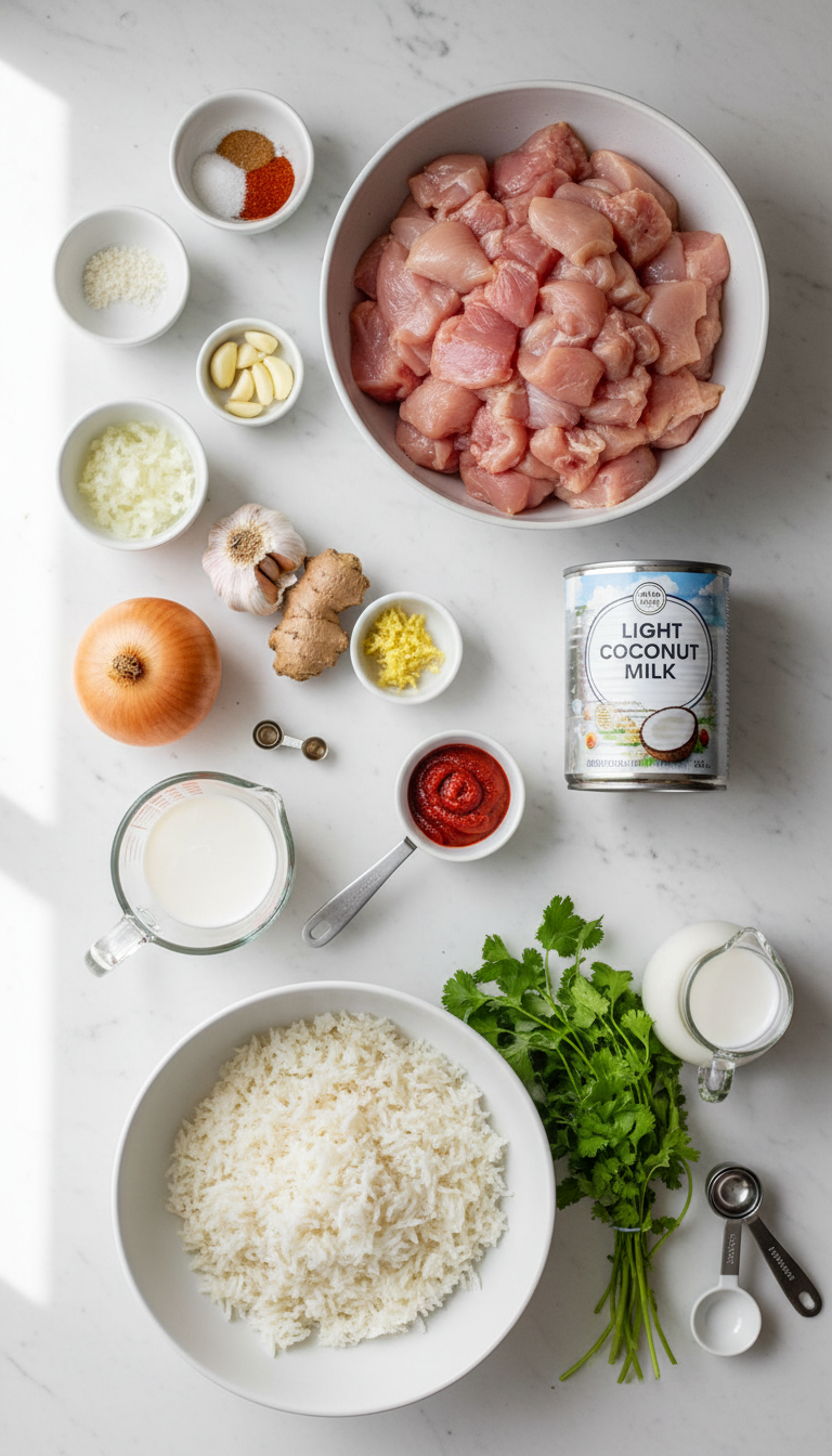 Beautifully arranged ingredients for Coconut Chicken Rice Bowl including diced chicken, coconut milk, fresh herbs, and aromatic spices on a marble surface