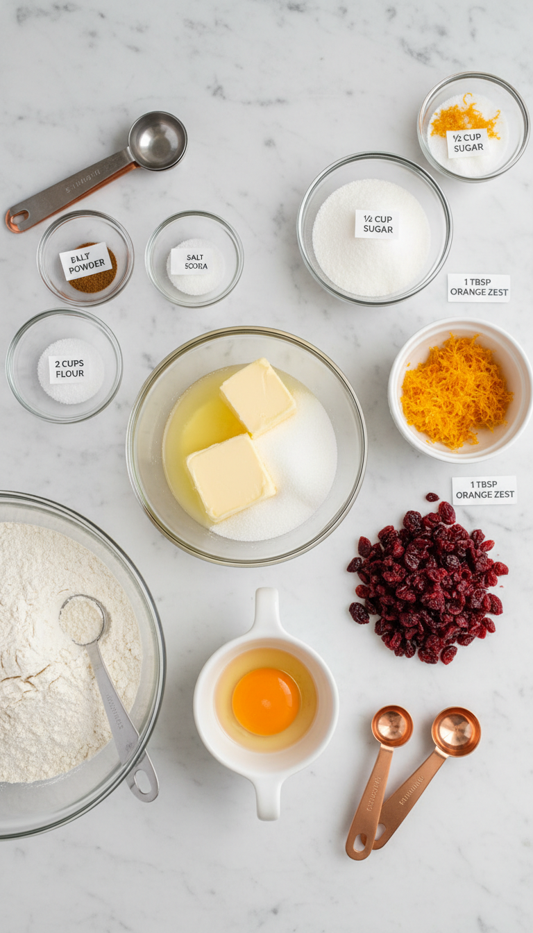 Fresh ingredients for cranberry orange cookies including butter, sugar, flour, dried cranberries, and fresh oranges arranged on a kitchen counter