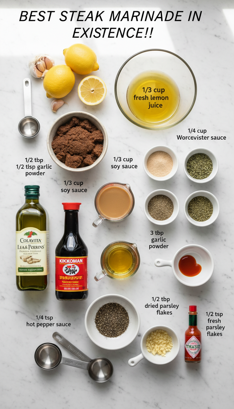 Fresh ingredients for Best Steak Marinade in Existence including soy sauce, olive oil, lemon juice, and herbs arranged on wooden cutting board