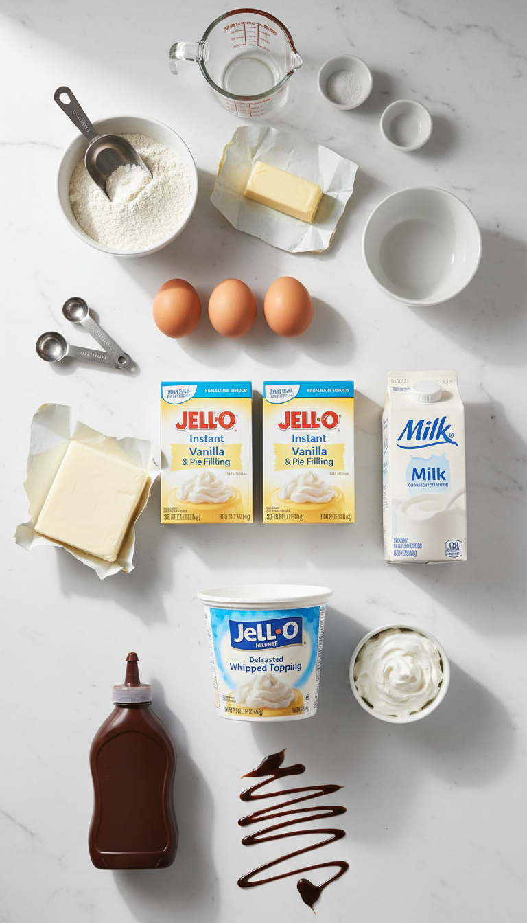 Fresh ingredients for cream puff cake arranged on marble countertop including eggs, butter, flour, and vanilla pudding packages