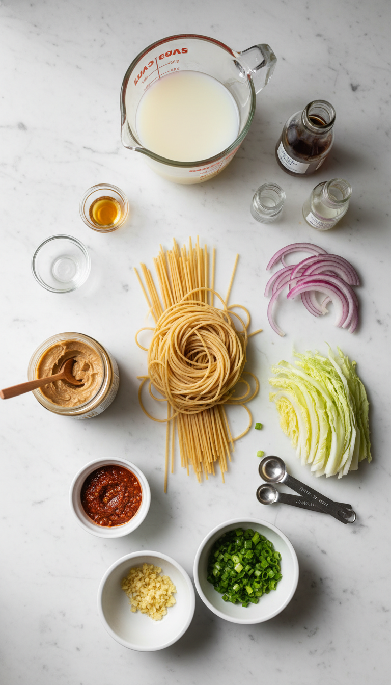 Fresh ingredients for One Pot Spicy Garlic Almond Butter Noodles arranged on a wooden cutting board