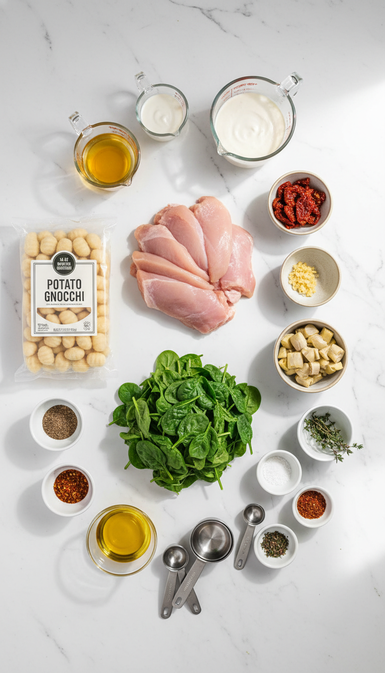 Fresh ingredients for Creamy Tuscan Chicken and Gnocchi arranged on a wooden cutting board including chicken thighs, potato gnocchi, sun-dried tomatoes, fresh spinach, and artichoke hearts