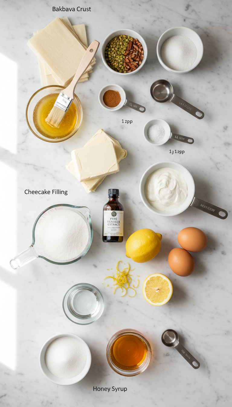 Beautifully arranged ingredients for Baklava Cheesecake including phyllo sheets, cream cheese, nuts, and honey