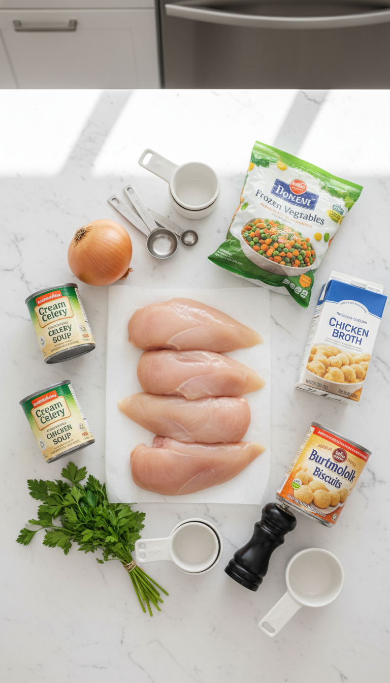 Fresh ingredients for Crock Pot Chicken and Dumplings arranged on marble surface with vibrant vegetables and golden biscuits