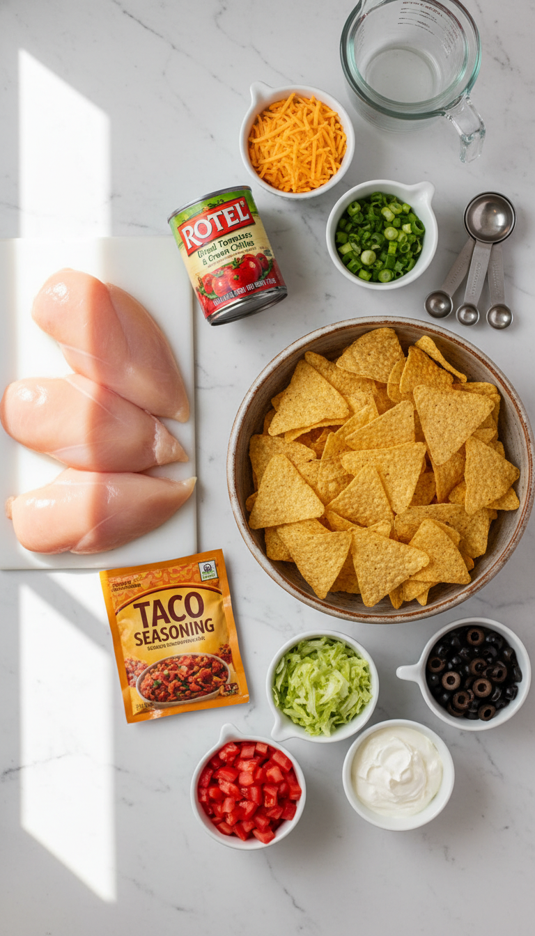 Fresh ingredients for Crockpot Nacho Chicken including chicken breasts, Rotel tomatoes, taco seasoning, and tortilla chips arranged on a wooden cutting board