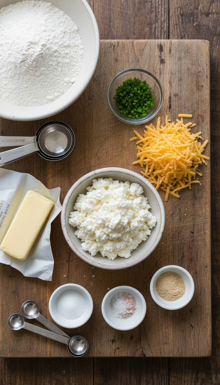 Beautifully arranged ingredients for High-Protein Cottage Cheese Biscuits including cottage cheese, flour, and fresh chives