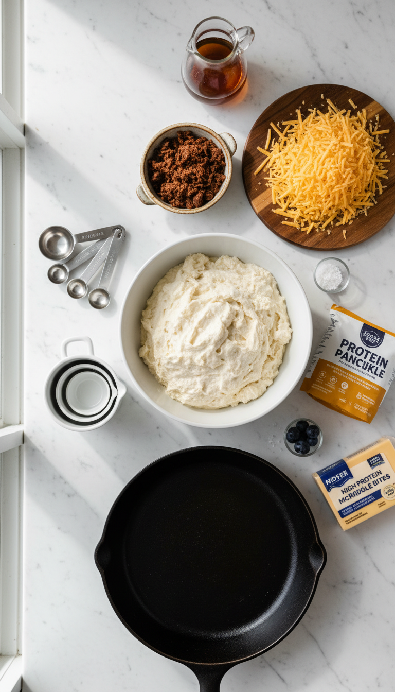 Fresh ingredients for High Protein McGriddle Bites including pancake mix, smoked beef, cheese, and maple syrup arranged on a marble countertop