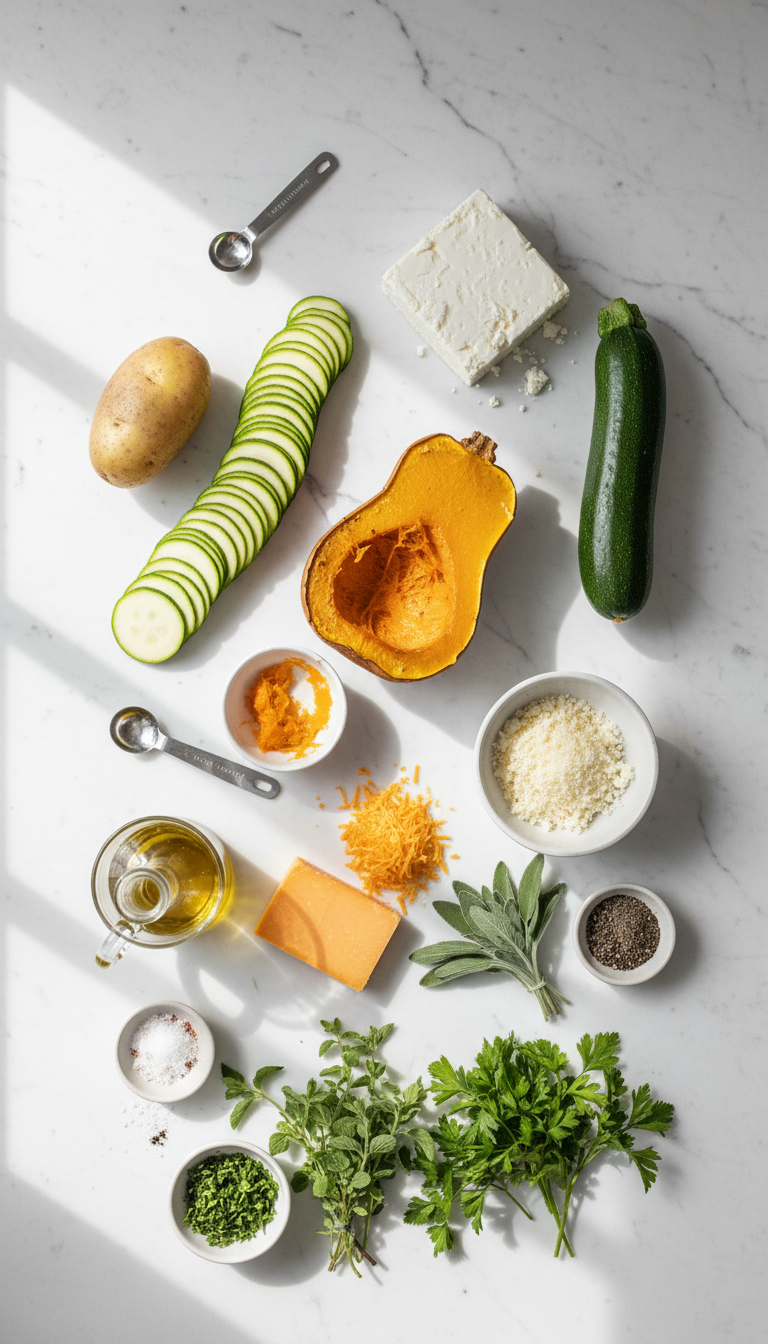 Fresh ingredients for Boureki including sliced zucchini, potatoes, feta cheese, fresh herbs, and olive oil arranged on a wooden cutting board