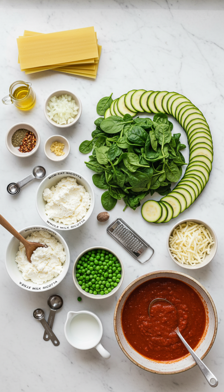 Fresh ingredients for Spring Vegetable Lasagna including lasagna noodles, ricotta cheese, fresh spinach, zucchini, and peas arranged on a wooden cutting board