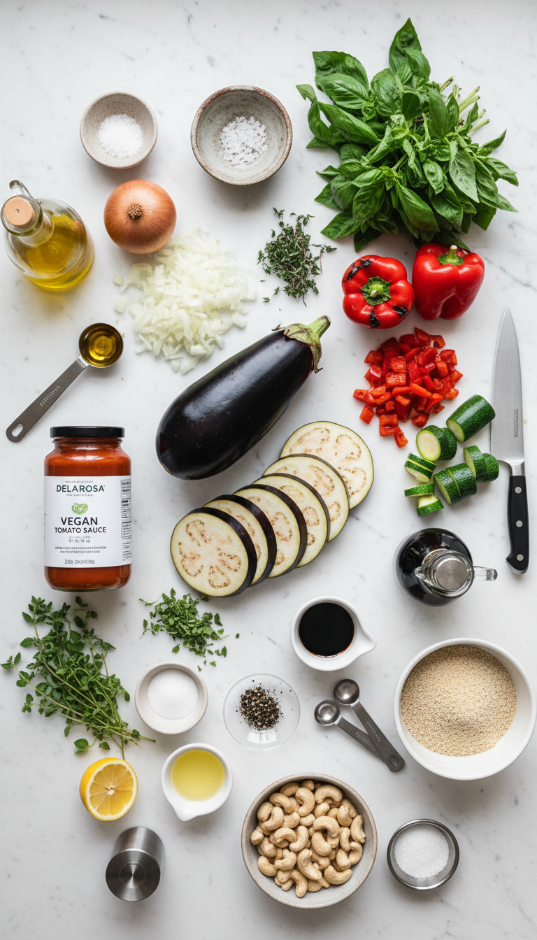 Fresh ingredients for vegan eggplant parmesan including sliced eggplant, cashews, herbs, and vegetables arranged on a wooden cutting board