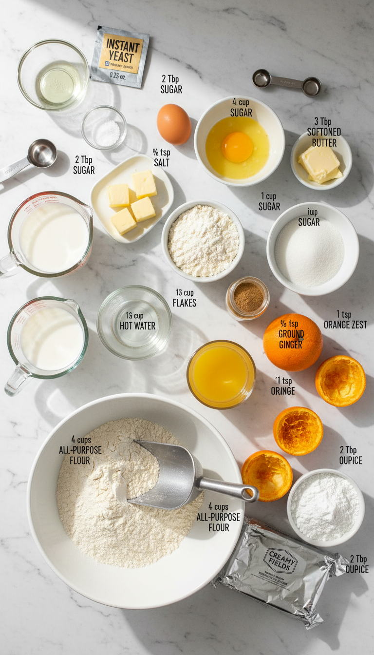 Fresh ingredients for orange rolls including oranges, flour, butter, and cream cheese arranged on a kitchen counter