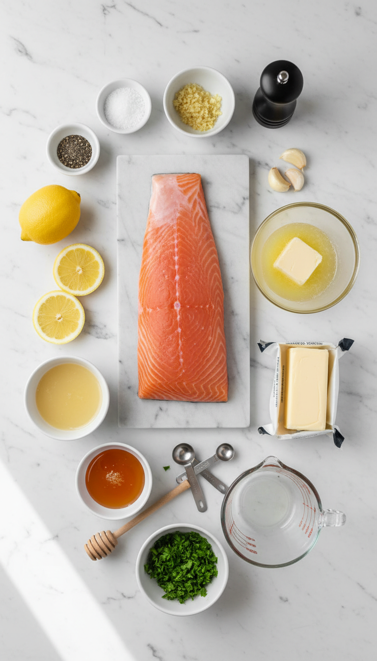 Fresh ingredients for Sheet Pan Lemon Garlic Butter Salmon arranged on marble surface
