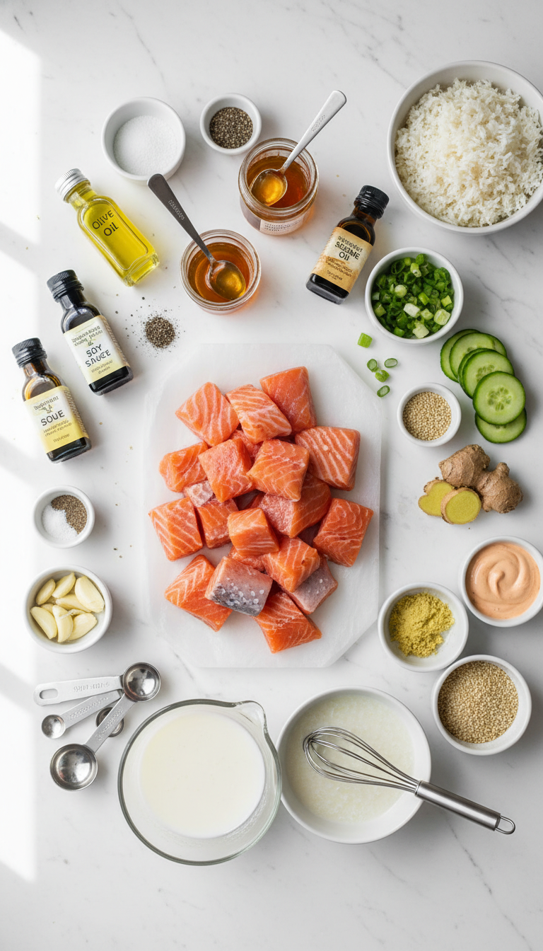 Fresh salmon fillets, honey, soy sauce, garlic, and ginger arranged on a marble countertop for sticky honey garlic salmon bites recipe