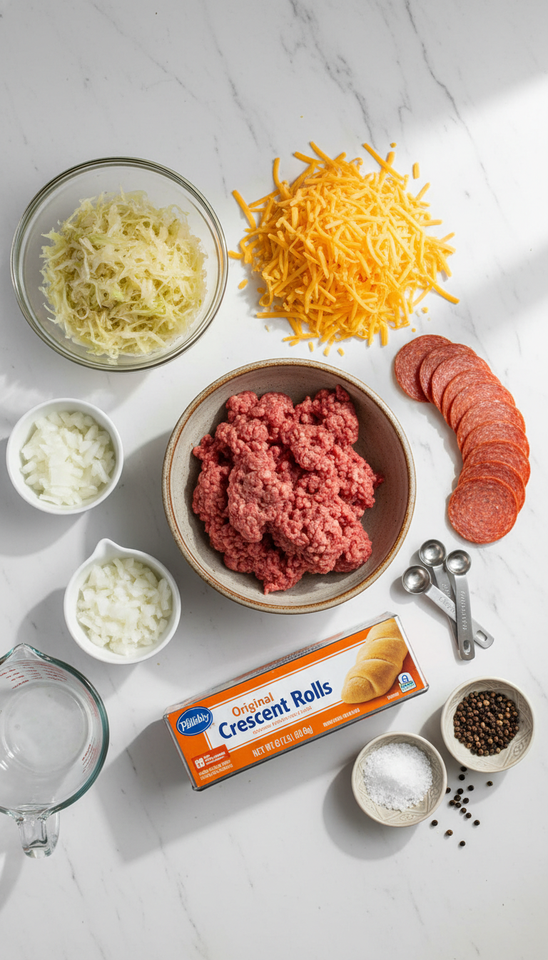 Fresh ingredients for Runza Casserole including ground beef, onion, pepperoni, crescent roll dough, cheese, and sauerkraut arranged on a kitchen counter