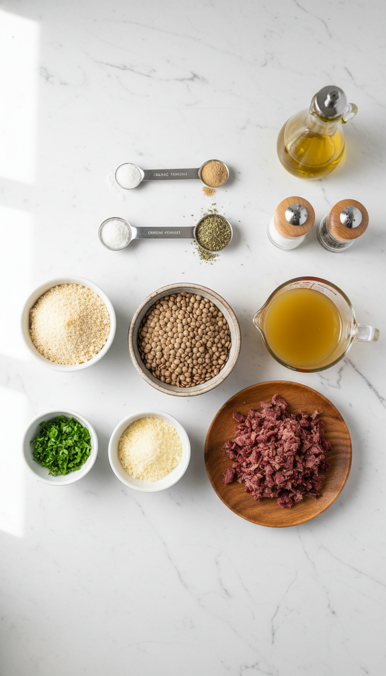 Fresh ingredients for smoked beef lentil meatballs including lentils, smoked beef, breadcrumbs, parmesan cheese, and fresh herbs arranged on a wooden cutting board