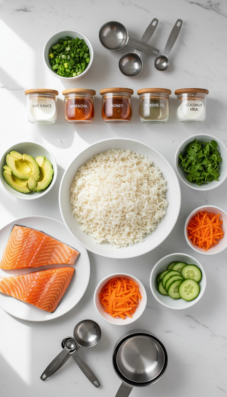 Fresh ingredients arranged for spicy salmon bowls including salmon fillets, coconut milk, jasmine rice, sriracha, avocado, cucumber, and garnishes