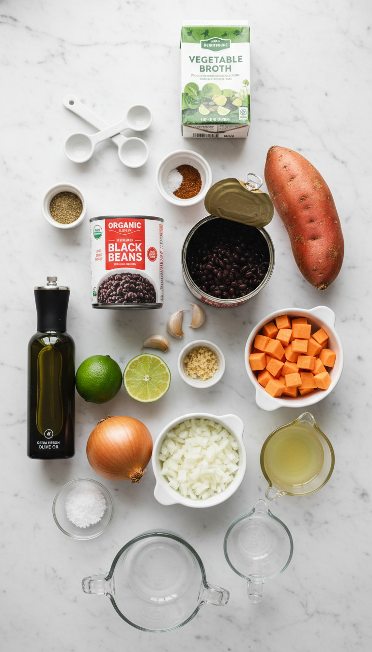 Fresh ingredients laid out for Sweet Potato and Black Bean Soup including cubed sweet potatoes, black beans, onions, garlic, and seasonings