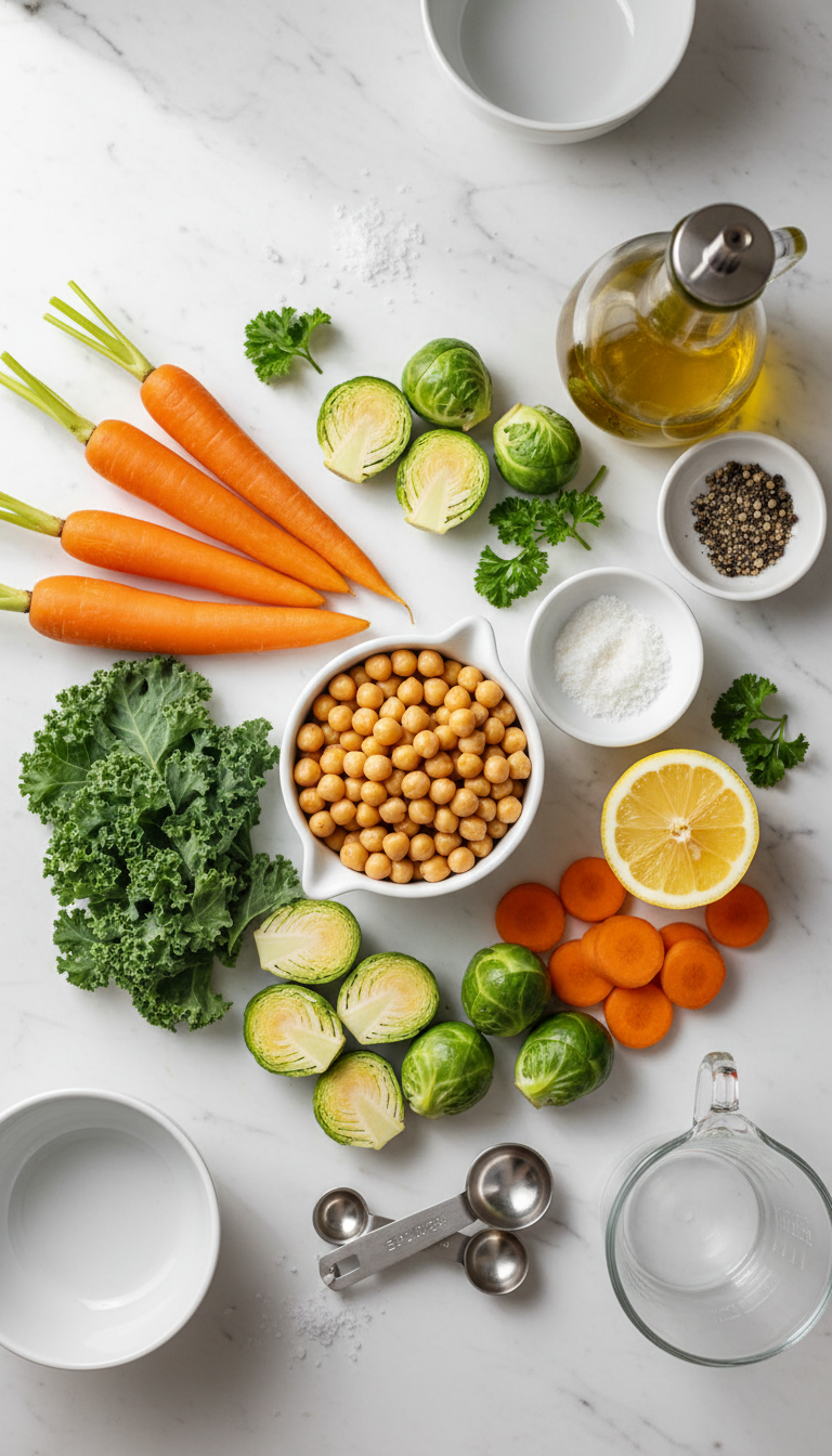 Fresh ingredients for Winter Veggie Chickpea Bowl including chickpeas, Brussels sprouts, carrots, kale, and seasonings arranged on a wooden cutting board