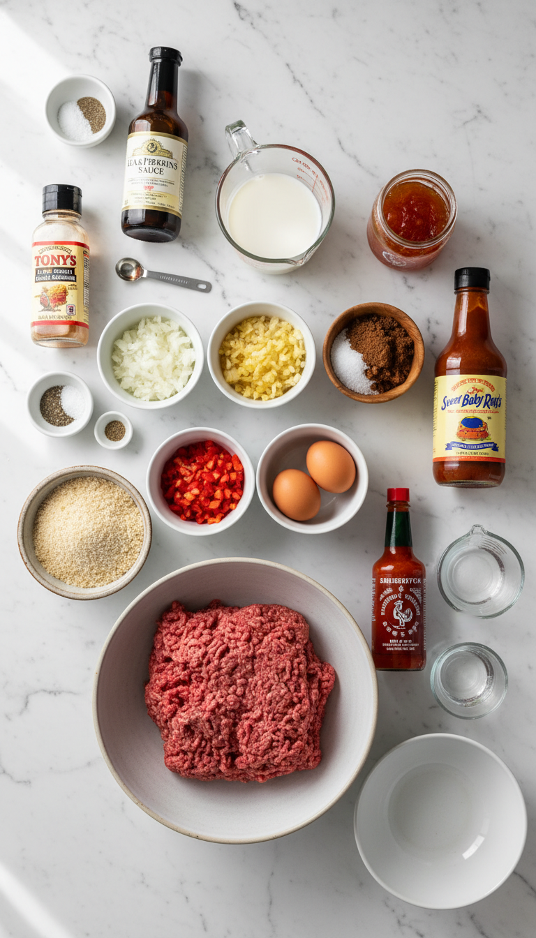 Fresh ingredients for savory glaze meatloaf including ground beef, vegetables, and glaze components arranged on a kitchen counter
