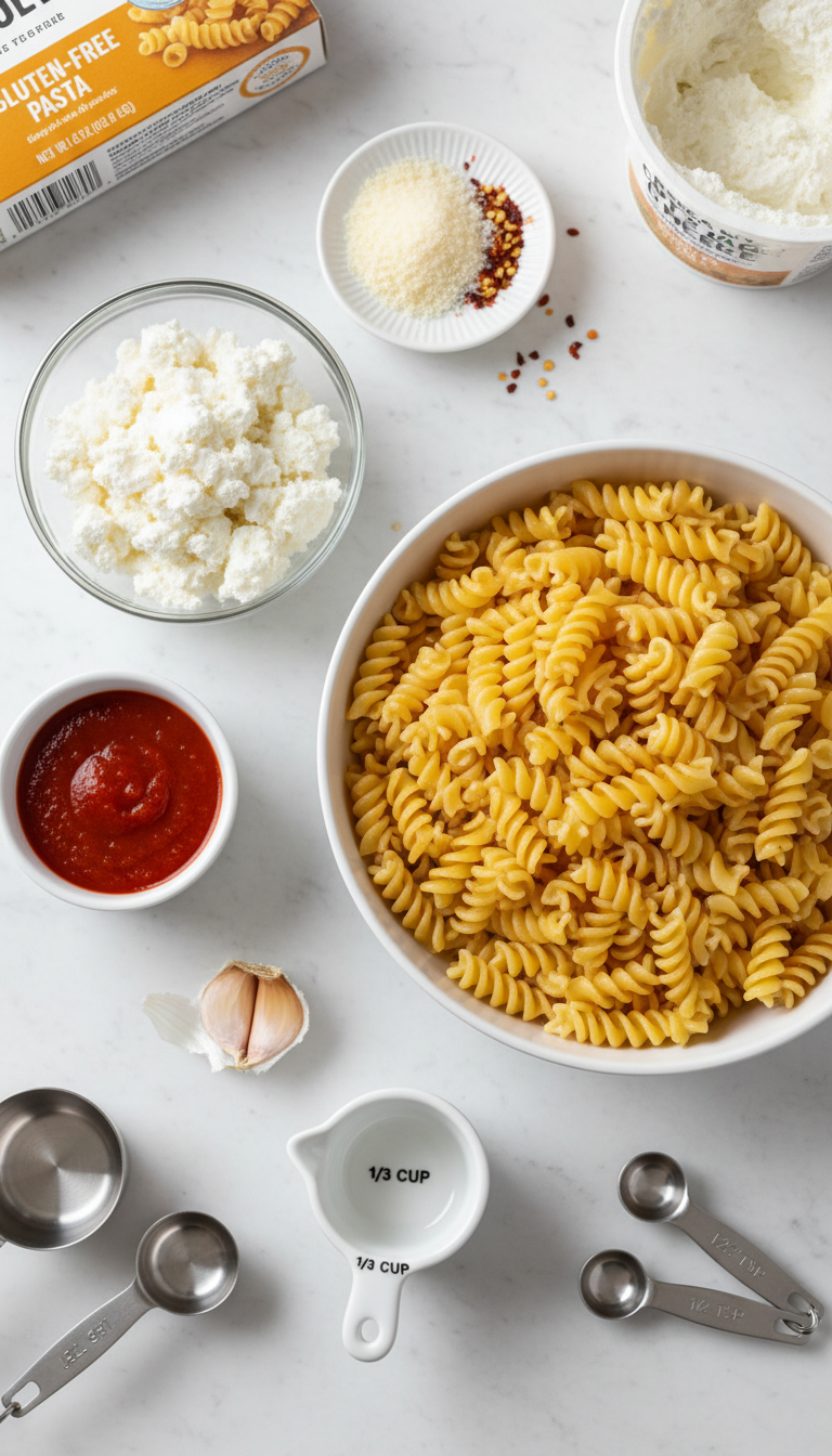 Fresh ingredients for Creamy Cottage Cheese Pasta including gluten-free pasta, cottage cheese, marinara sauce, and garlic arranged on a marble countertop