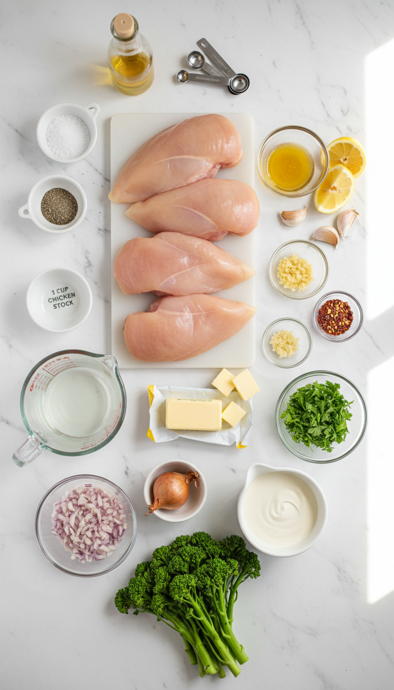 Fresh ingredients for one skillet chicken with lemon garlic cream sauce arranged on marble counter