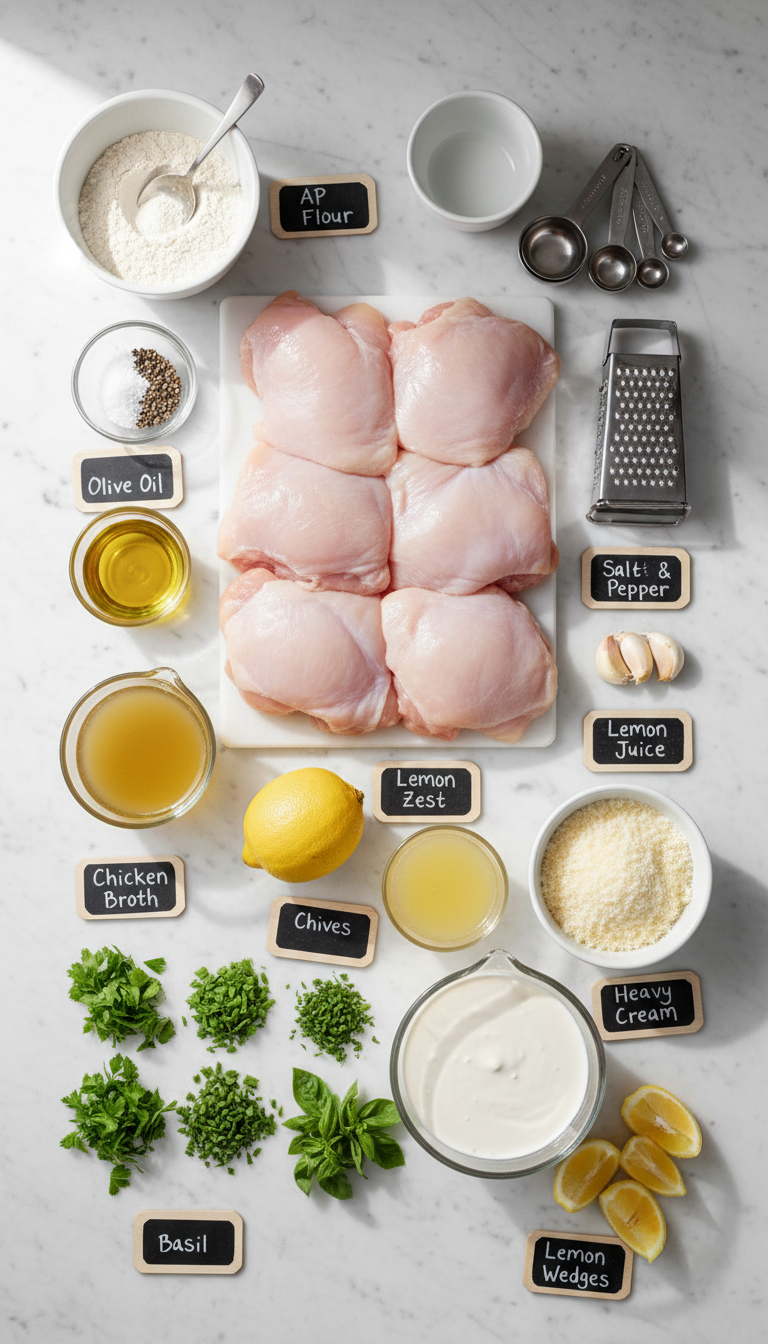 Fresh ingredients for creamy lemon herb chicken including chicken thighs, heavy cream, fresh herbs, and lemons arranged on a marble counter