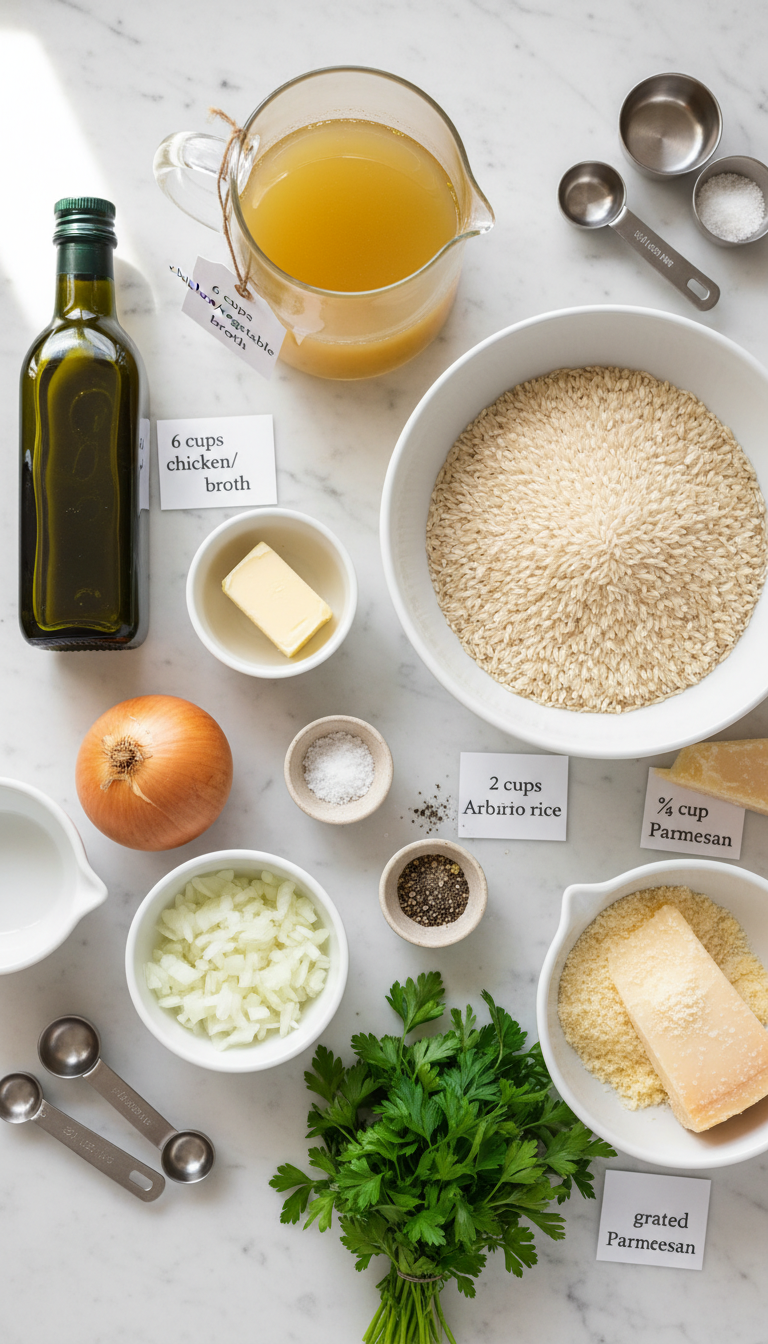 Fresh ingredients for Parmesan risotto including Arborio rice, Parmesan cheese, onion, and broth arranged on a wooden cutting board