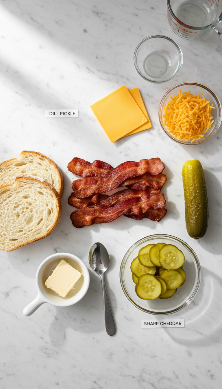 Beautifully arranged ingredients for dill pickle beef bacon grilled cheese including golden beef bacon strips, fresh white bread slices, vibrant green pickle rounds, and creamy cheese varieties displayed on a marble surface