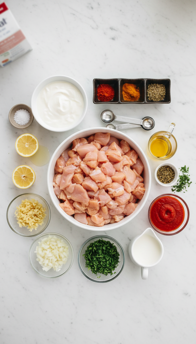 Fresh ingredients for slow cooker chicken tikka masala including chicken breasts, yogurt, spices, onions, and cream arranged on a wooden cutting board