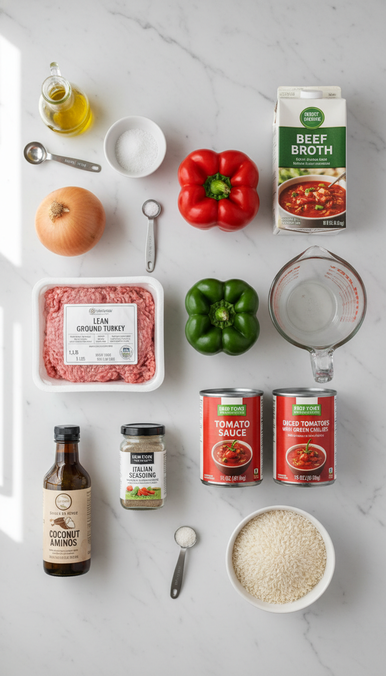 Fresh ingredients for Easy Stuffed Pepper Soup arranged on marble surface showing colorful bell peppers, ground turkey, and aromatic seasonings
