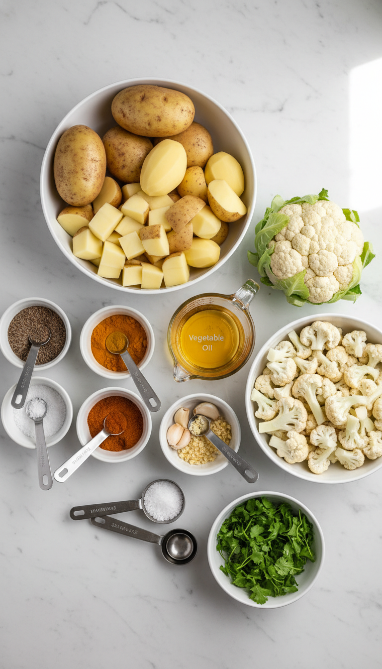 Fresh ingredients for Easy Aloo Gobi Indian Spiced Potatoes Recipe including diced potatoes, cauliflower florets, and aromatic spices
