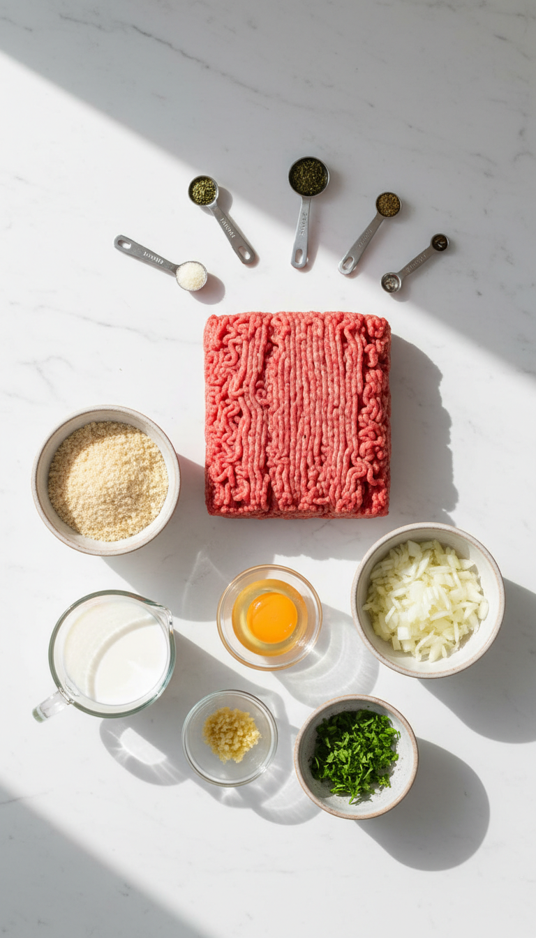 Fresh ingredients for easy baked Italian meatballs including ground beef, herbs, and breadcrumbs arranged on a wooden cutting board